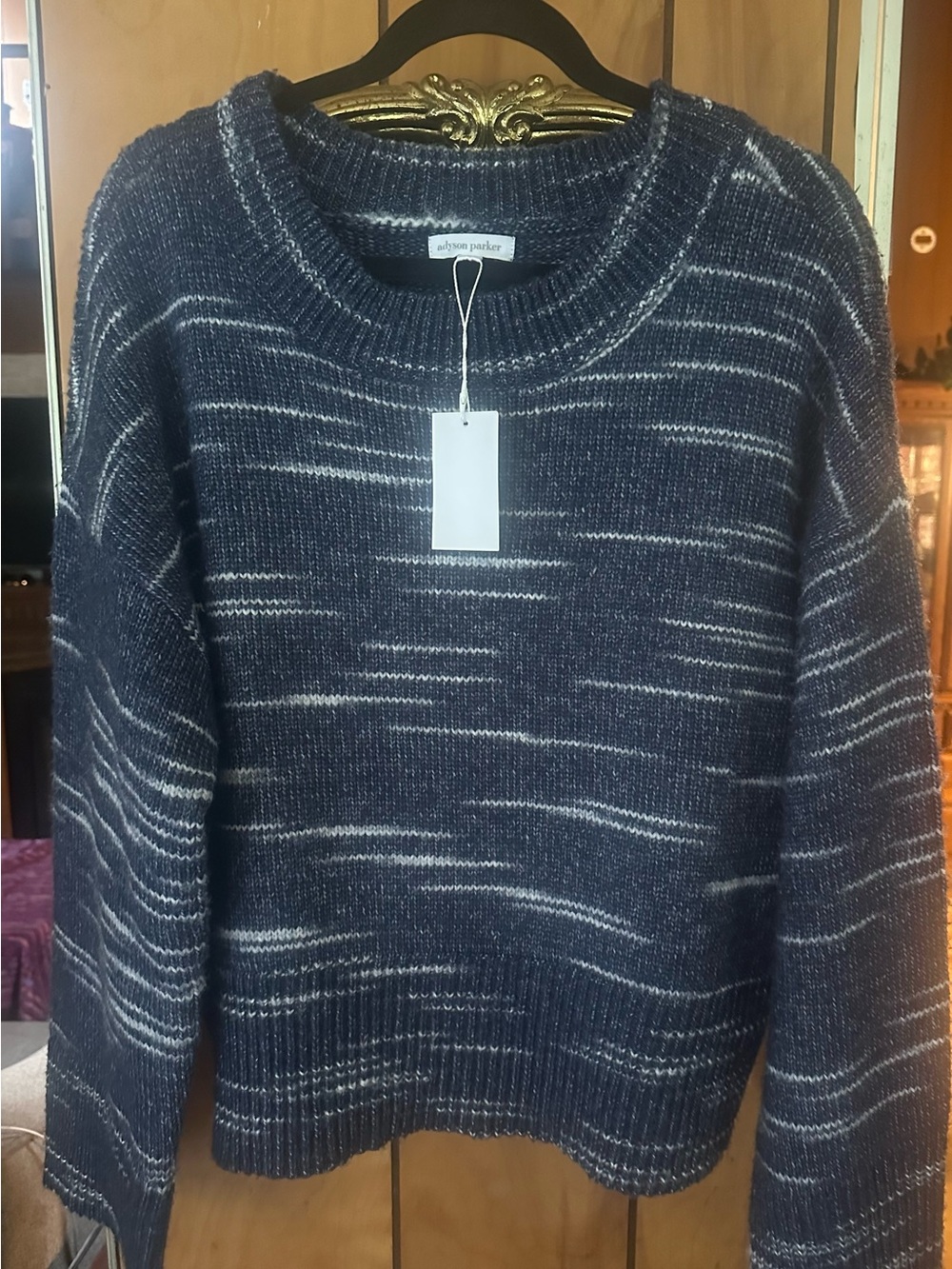 NWT Women Adyson Parker Navy Marled Crew Sweater with Cream Flecks Large